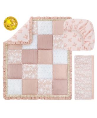 3 Piece Baby Crib Bedding Set for Girls - Cotton Fitted Crib Sheet, Layered Dust Ruffle, Comforter, Pink, Gold, Floral - Grace