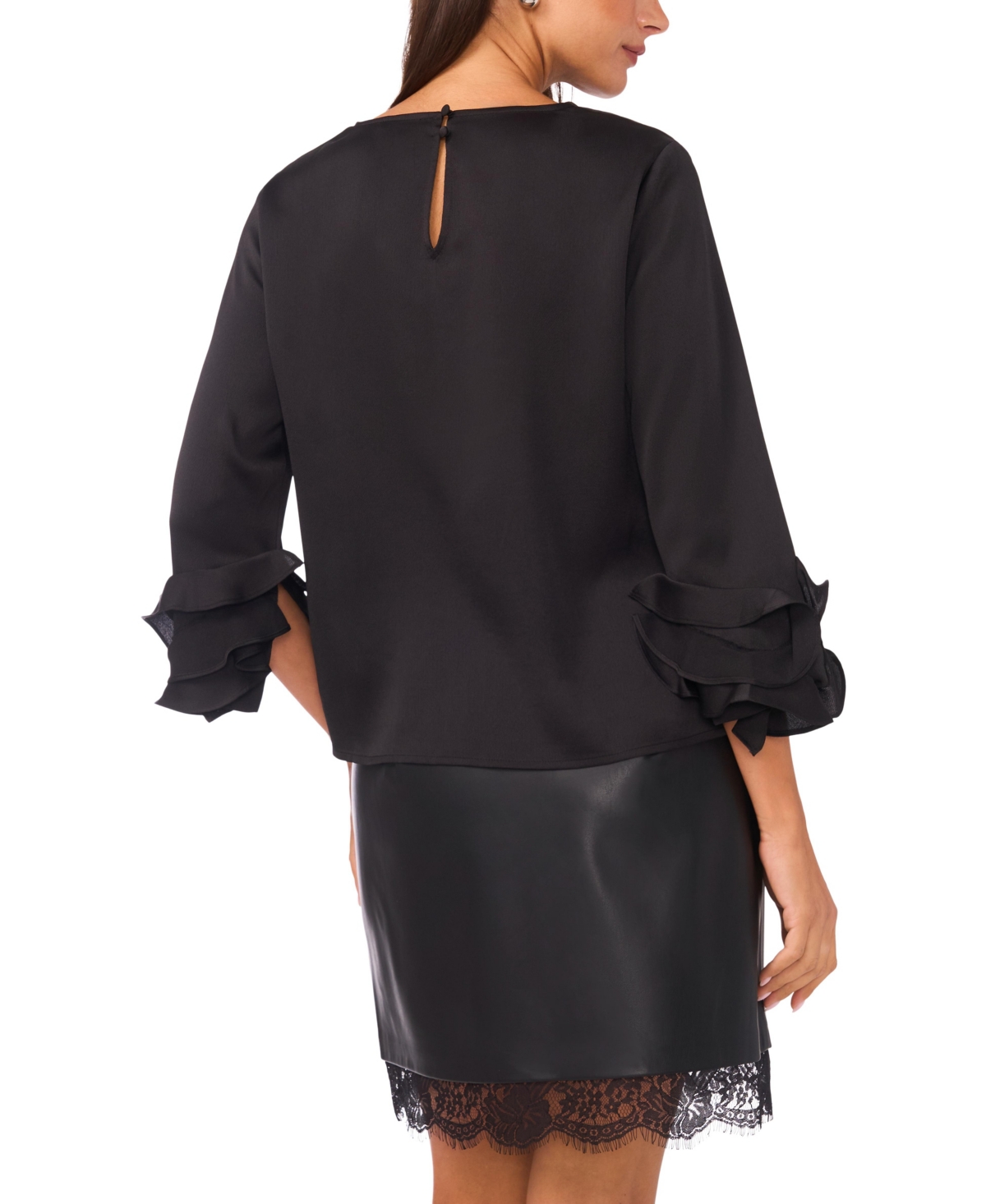 Vince Camuto Tiered Ruffle Sleeve Satin Top In Black