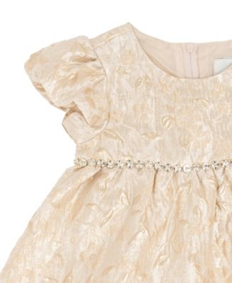 Baby Girls' Gold Brocade Puff Sleeve Dress and Diaper Cover, 2-Piece Set