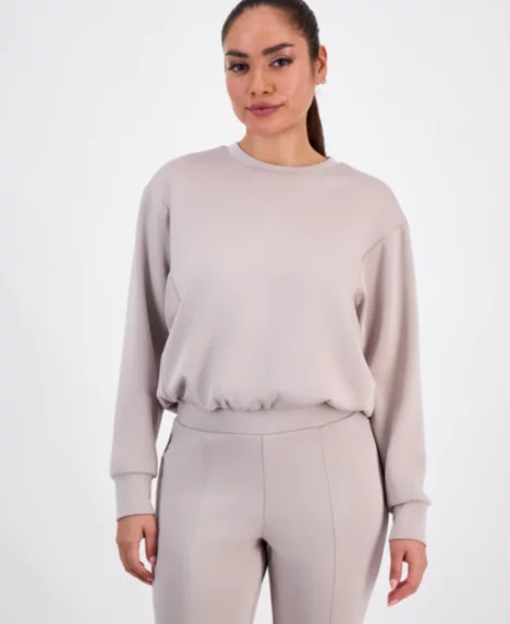 Petite Crewneck Bubble-Hem Top - Taupe