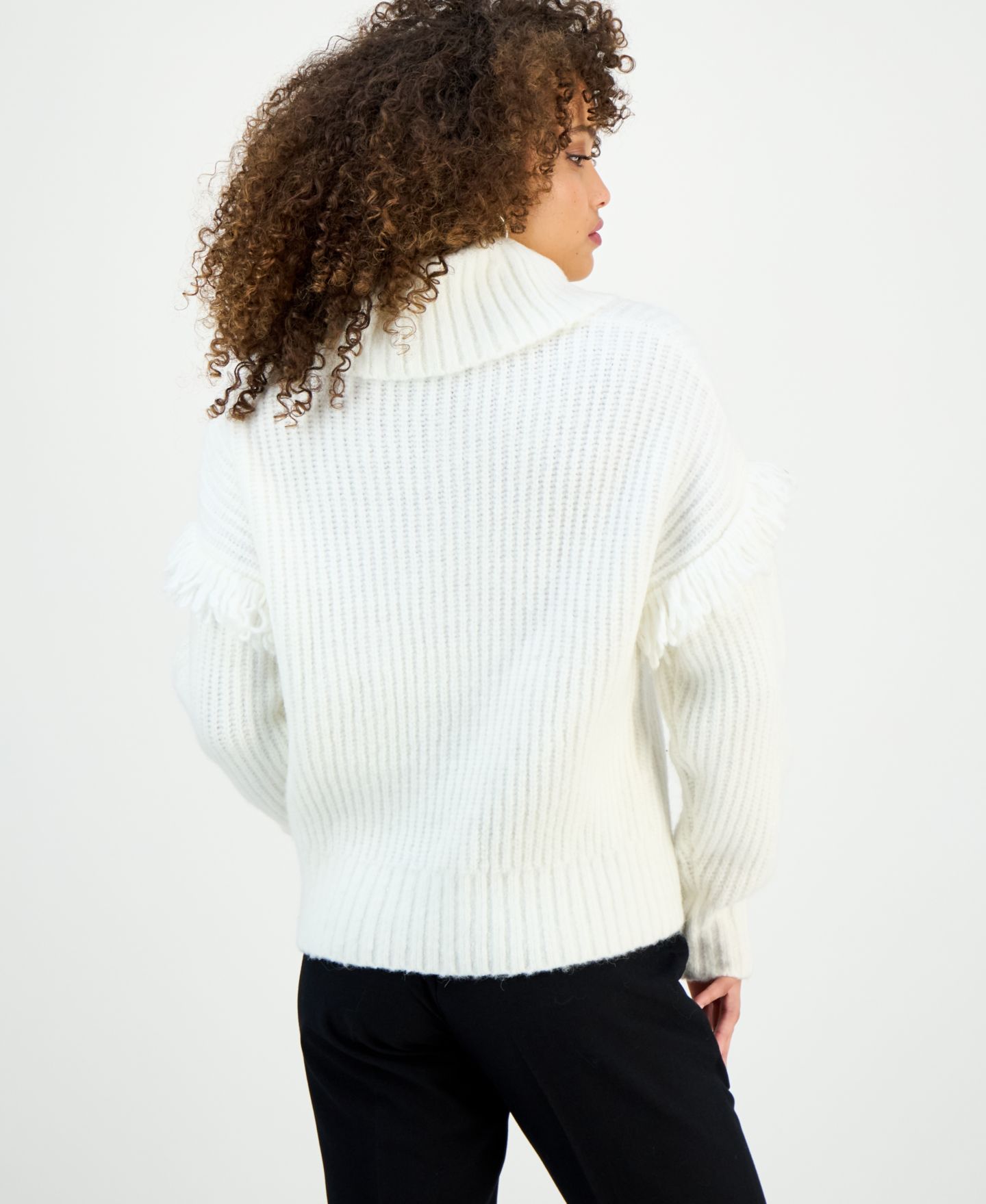 Женский свитер I.N.C. International Concepts Petite Fringe-Trim Cable Knit Turtleneck, цвет: Глубокий чёрный — фото 6
