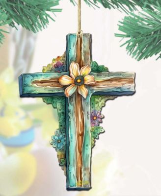 Holiday Teal Cross Wooden Ornament