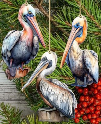 Pelicans Christmas Wooden Ornaments, Set of 3