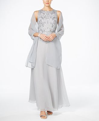 j kara beaded gown and chiffon scarf