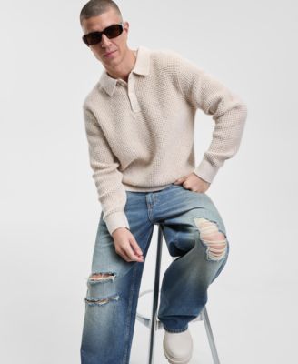 Men's Long Sleeve Waffle-Knit Polo Sweater, Macy's Exclusive