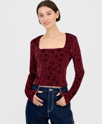 Sincerely Jules - Juniors' Flocked Long-Sleeve Square-Neck Top