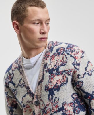 Men's Relaxed Fit Long Sleeve Abstract Floral V-Neck Cardigan Sweater, Macy's Exclusive