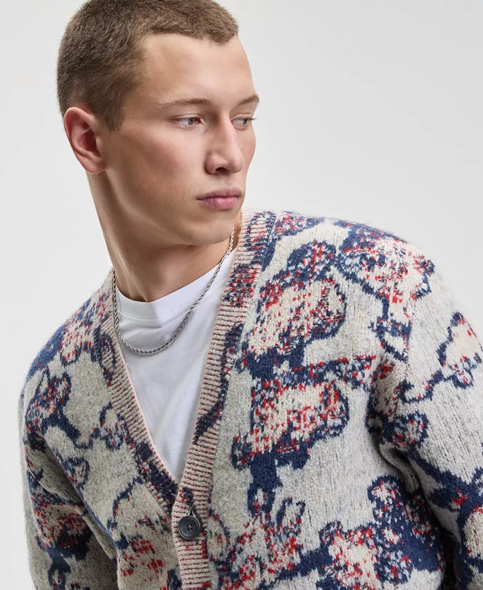 Men's Relaxed Fit Long Sleeve Abstract Floral V-Neck Cardigan Sweater - thumbnail 4