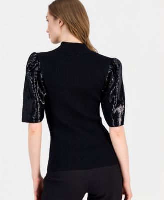 Women's Sequin-Sleeve Ribbed Top