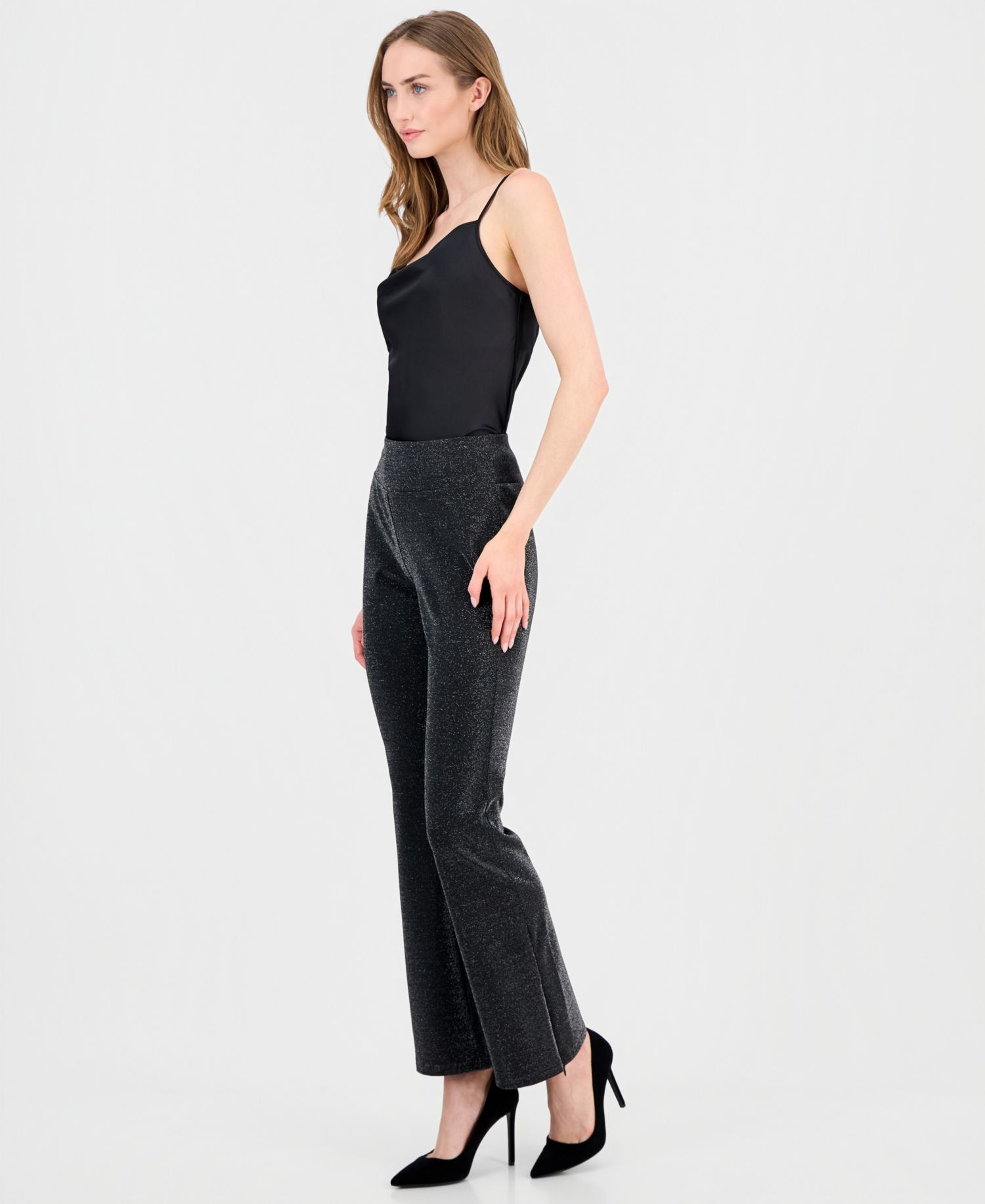 Women's Pull-On High-Rise Flare-Leg Metallic Pants