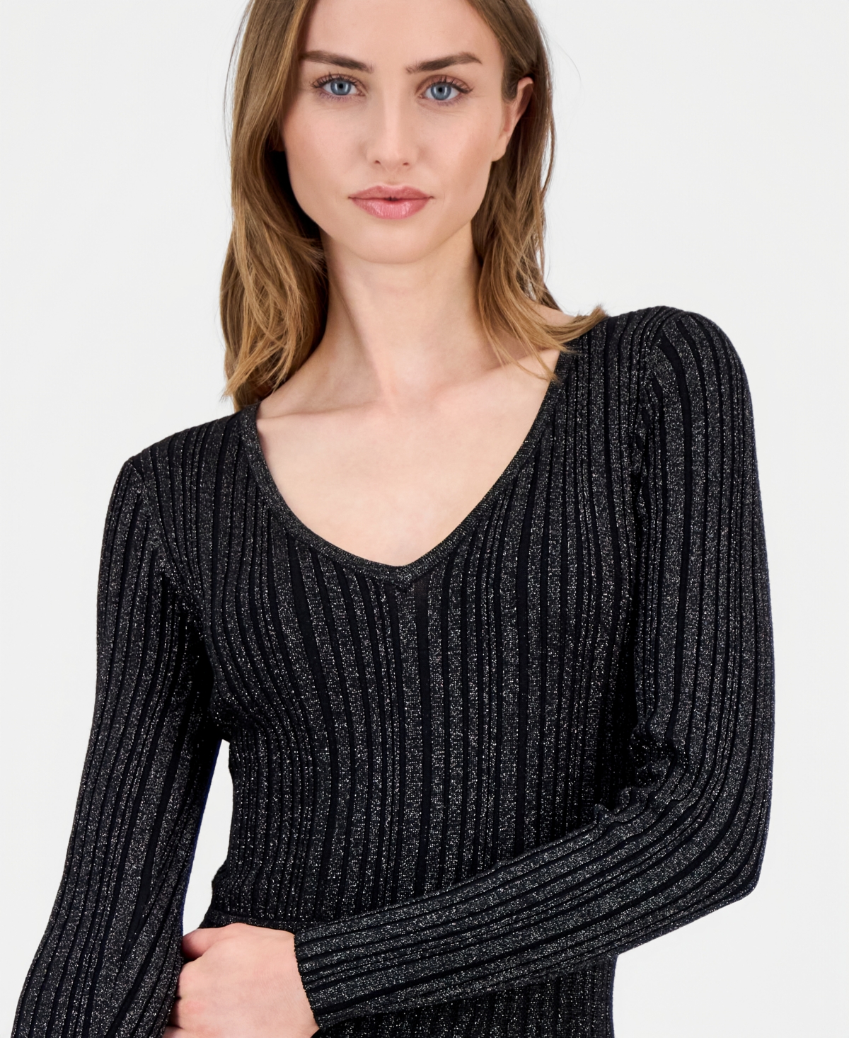 T Tahari Women's Ribbed Metallic Midi Dress