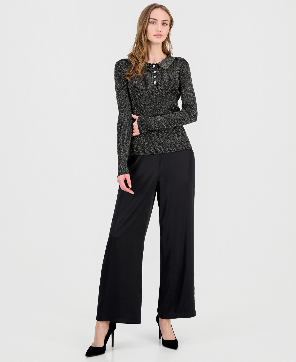 T Tahari Women's Collared Ribbed Metallic Top In Black