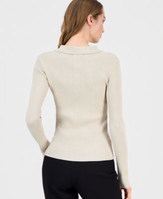 Women's Collared Ribbed Metallic Top