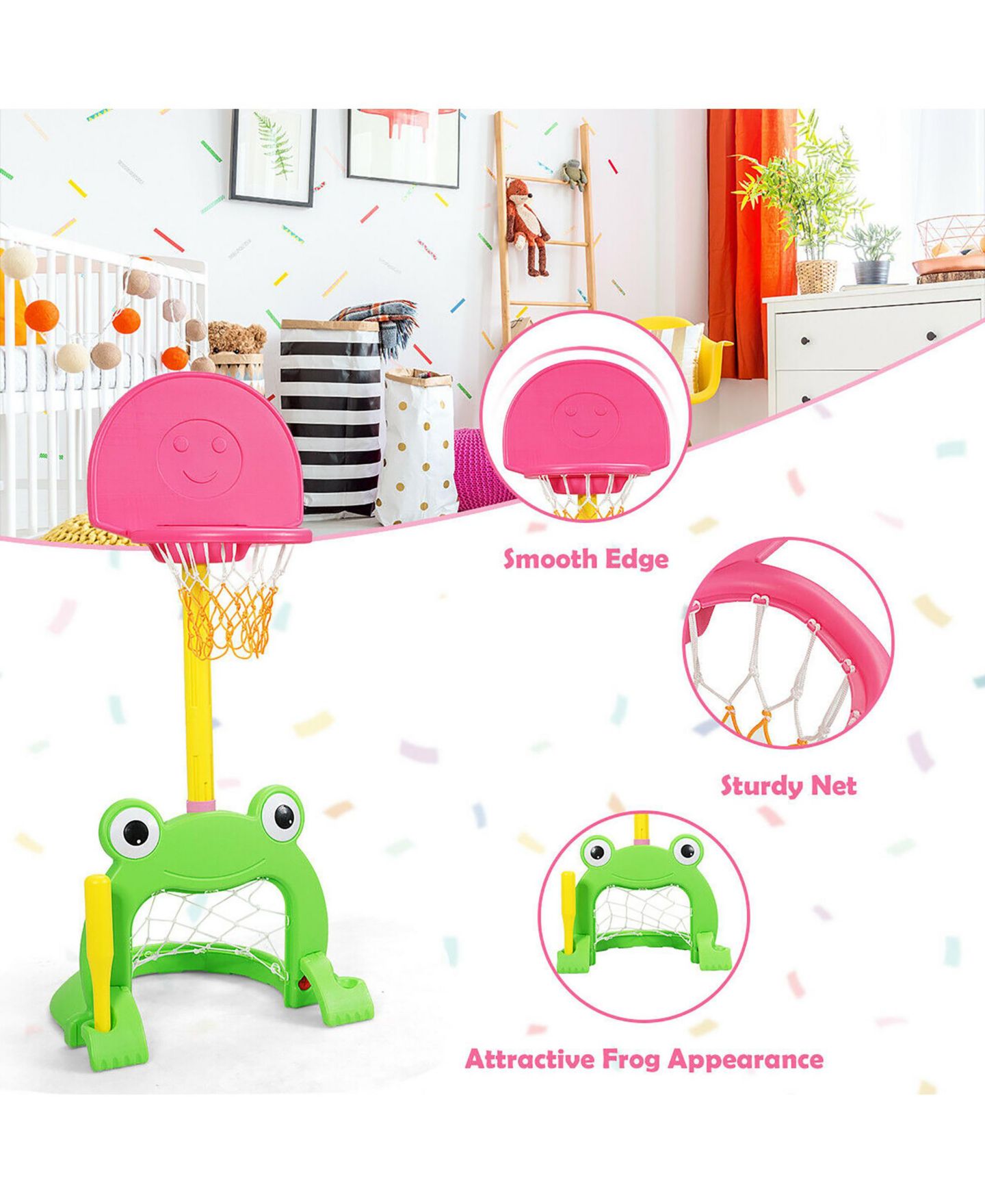 Детские игрушки Costway 3-in-1 Kids Basketball Hoop Set Adjustable Sports Activity Center, цвет: Розовый — фото 10