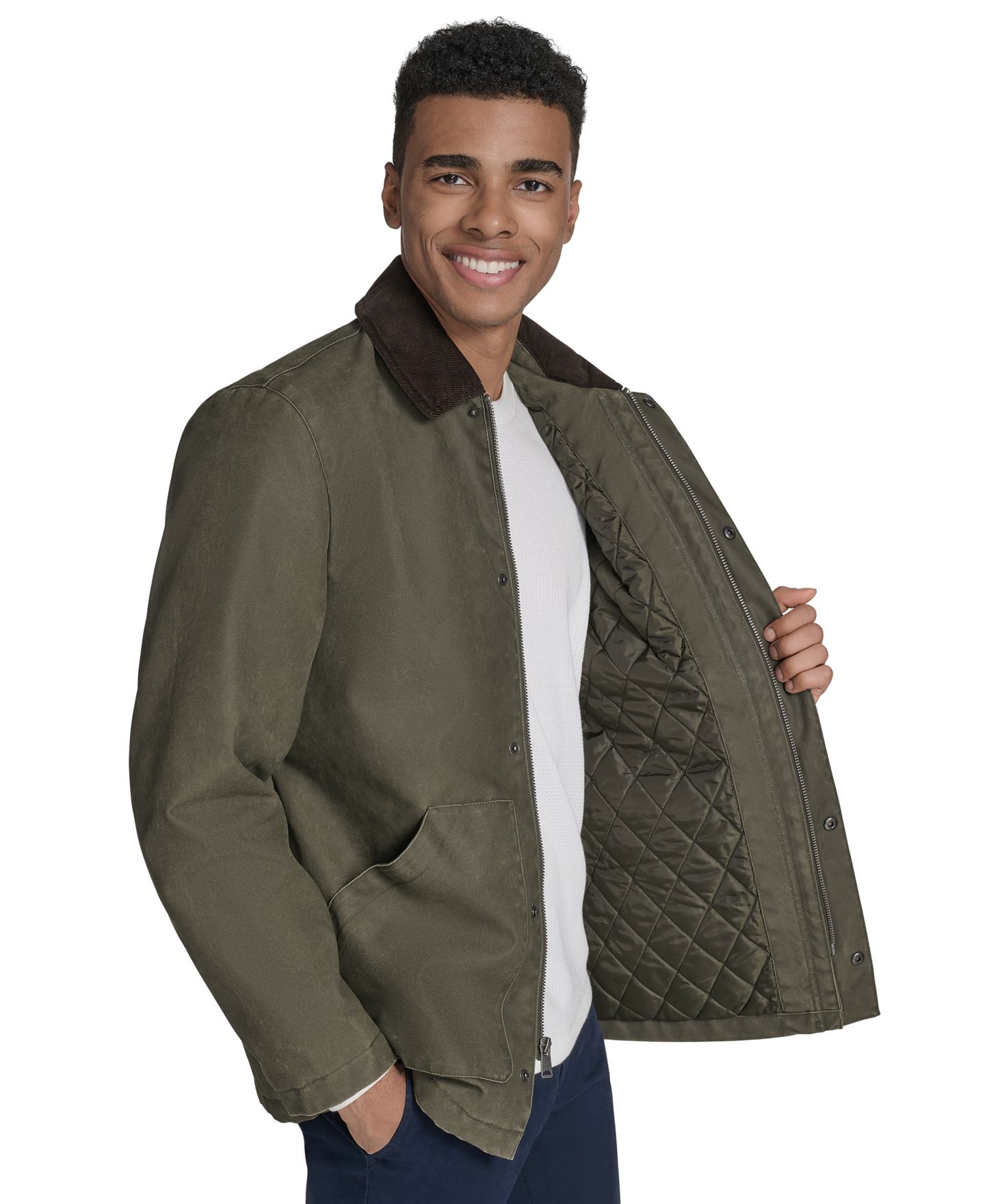 Мужское пальто Tommy Hilfiger Cotton Barn Coat with Corduroy Collar, цвет: Тёмно-зелёный ночной — фото 5