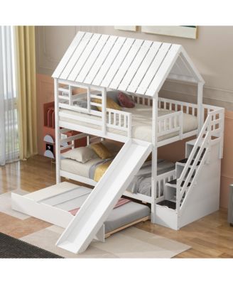 Twin over Twin House Bunk Bed with Trundle and Slide, Storage Staircase, Roof and Window Design