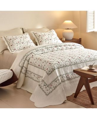 3Pcs 100% Cotton Embroidery Delicate Floral Quilt Bedspread Set Queen