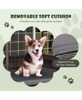 Wicker Dog House w/ Cushion Lounge Raised Rattan Bed for Indoor/Outdoo