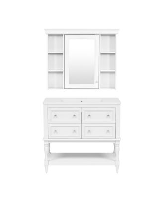 36" Solid Wood Bathroom Vanity with Mirror Cabinet, Adjustable Shelves and Drawers