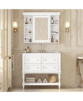 36" Solid Wood Bathroom Vanity with Mirror Cabinet, Adjustable Shelves and Drawers