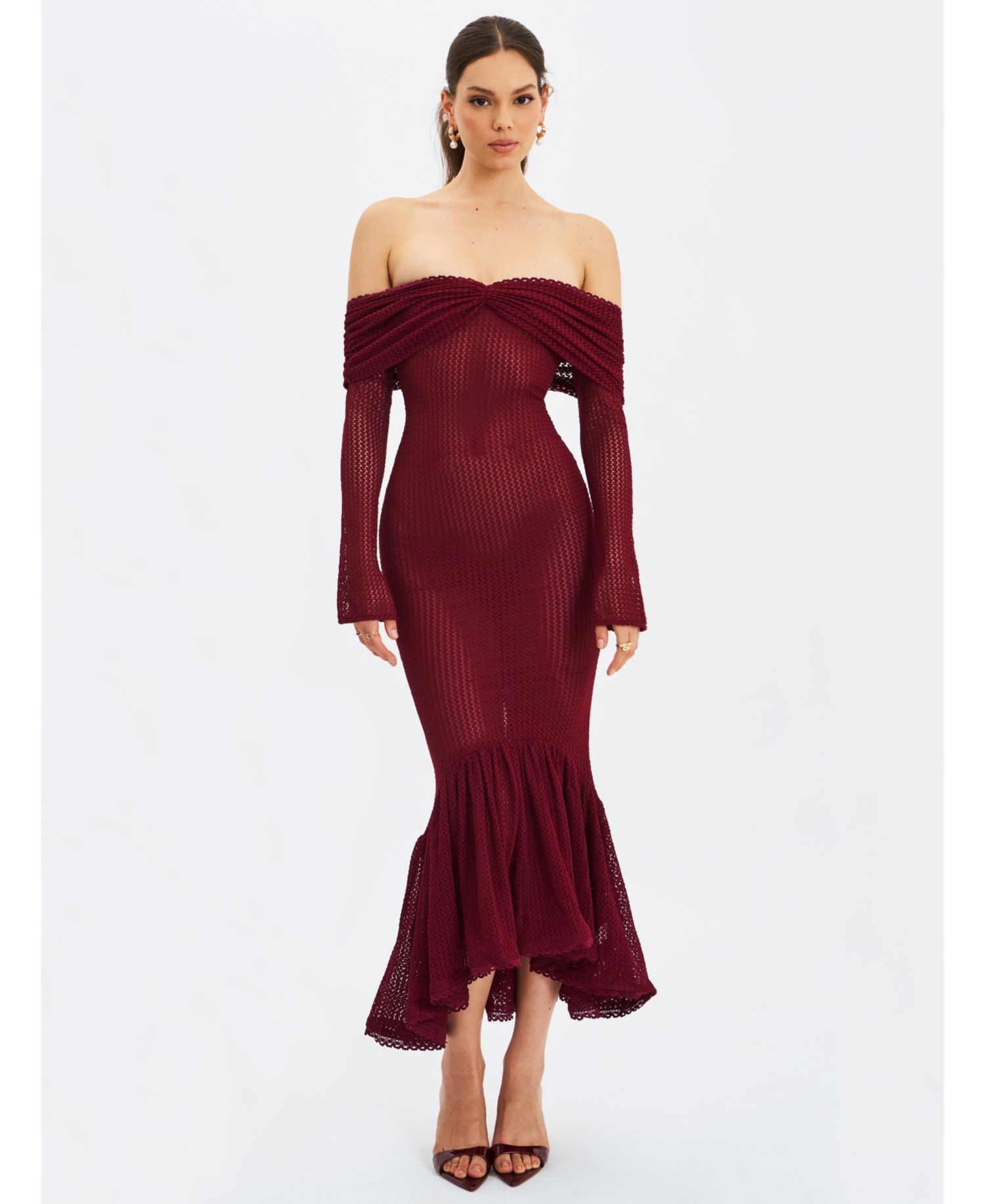 Women Kaedyn Burgundy Off Shoulder Long Sleeve Crochet Mermaid Maxi Dress