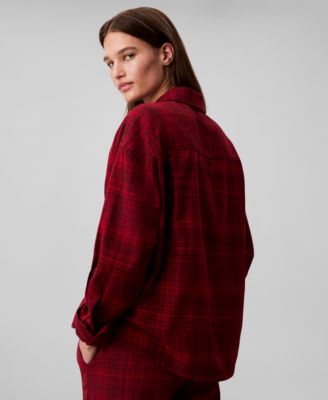 Women's Plaid Collar Neck Long Sleeve Sleep Shirt-QS7533