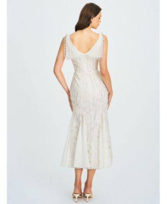 Women Paola White Peter Pan Collar Beaded Sequin Mermaid Midi Dress