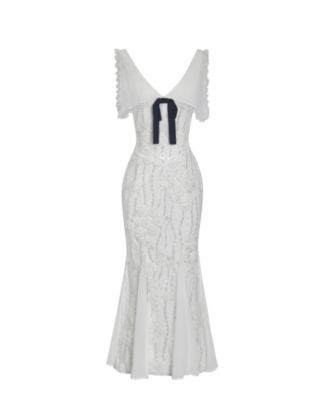Women Paola White Peter Pan Collar Beaded Sequin Mermaid Midi Dress