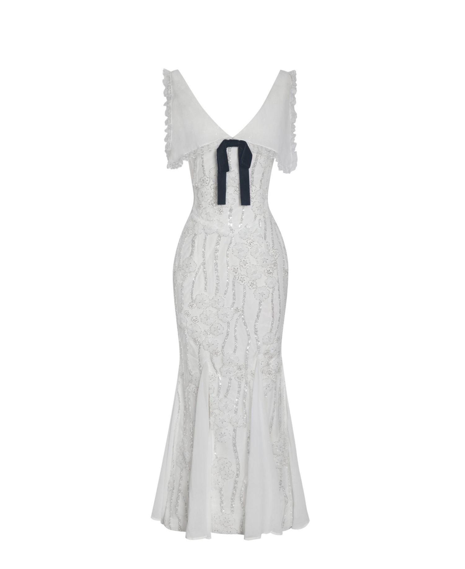 Women Paola White Peter Pan Collar Beaded Sequin Mermaid Midi Dress