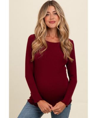 Burgundy Ribbed Knit Long Sleeve Lettuce Hem Maternity Top