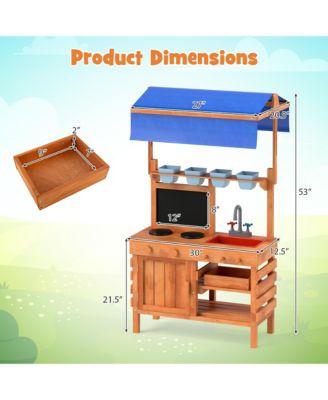 Mud Kitchen Wooden Pretend Play Kitchen w/ Height Adjustable Canopy