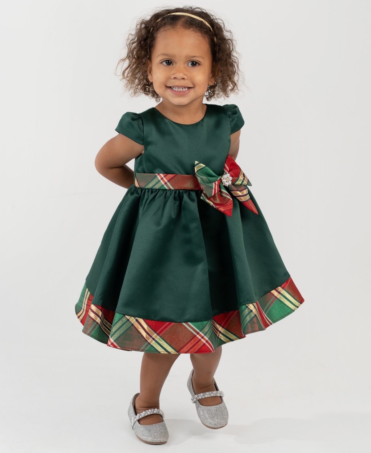 Rare Editions Baby Girls 2-Piece Satin Cap Plaid Bow Dress and Diaper Cover Set