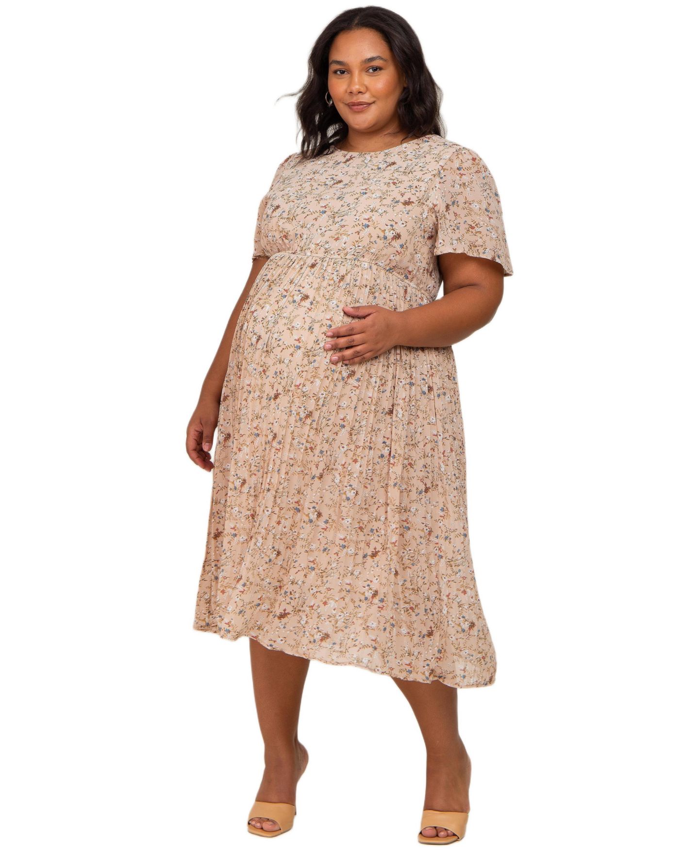 Женское платье Pinkblush Maternity Floral Pleated Chiffon Midi, цвет: Бежевый — фото 1