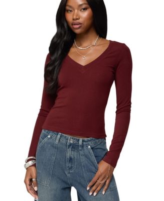 Emmalise Women's Basic V-Neck Long Sleeve Tee 3-Pack - Navy, Heather Gray, Burgundy (Runs Small, Size Up)