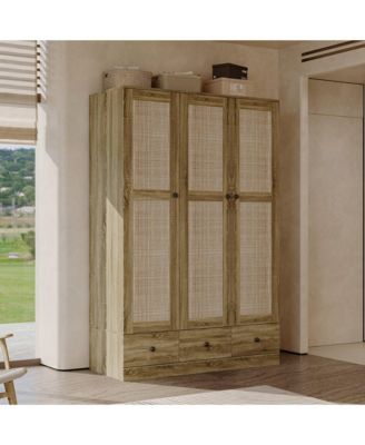 1 Pc Wood Wardrobe 3 Drawers Rattan Doors Hanging Rod Bedroom Armoire Closet Organizer