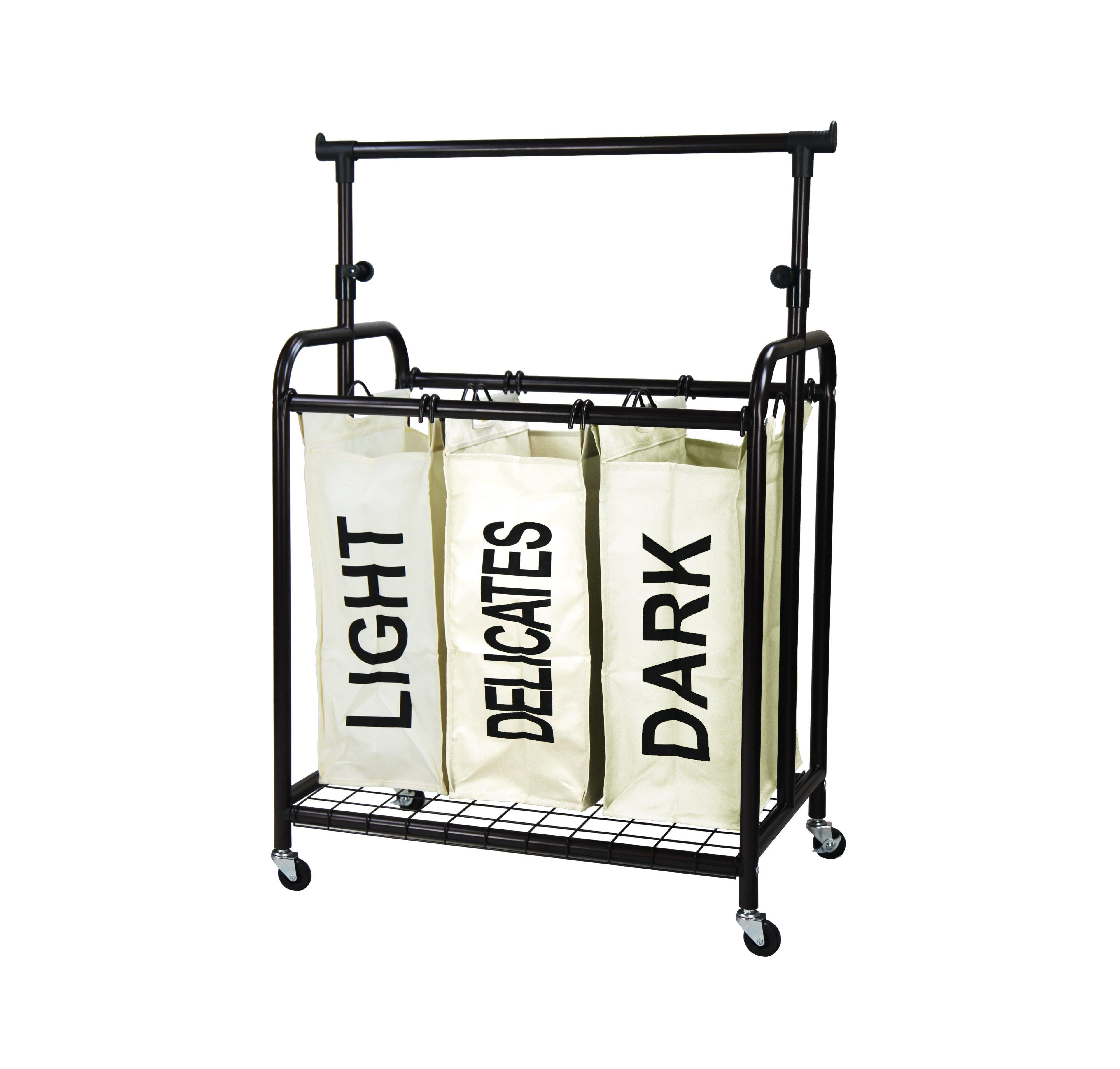 Oceanstar 3-Bag Rolling Laundry Sorter with Adjustable Hanging Bar, White