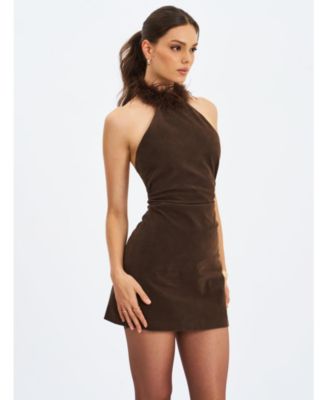 Women's Yael Espresso Suede Faux Fur Halter Mini Dress