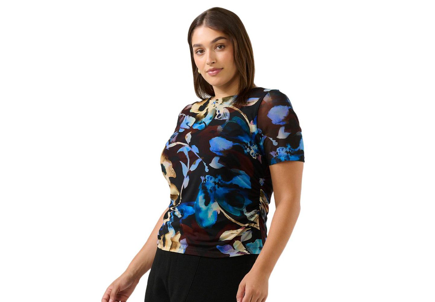 Женский топ ESTELLE Plus Size Cleo Floral Mesh Ruched Short Sleeve, цвет: Синий — фото 2
