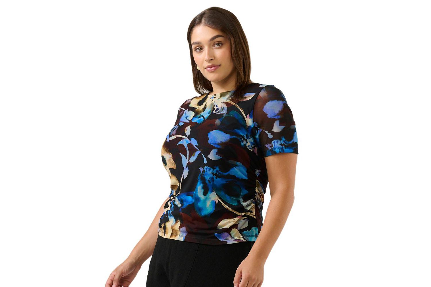 Plus Size Cleo Floral Mesh Ruched Short Sleeve Top