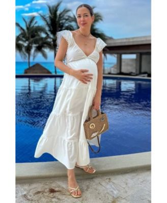Maternity White Ruffle Trim Maxi Dress
