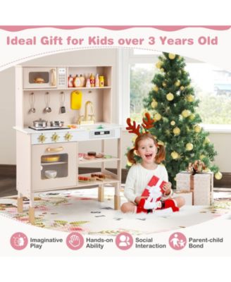 Height Adjustable Play Kitchen Wooden Kitchen Playset w/ Real Lights & Sounds