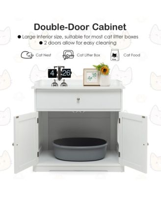 Wooden Cat Litter Box Enclosure w/ Drawer Side Table Furniture
