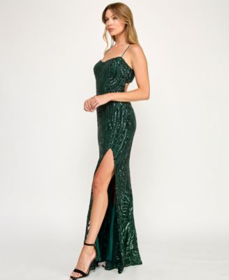 Women's Wavy Sequin Open Back Long Gown
