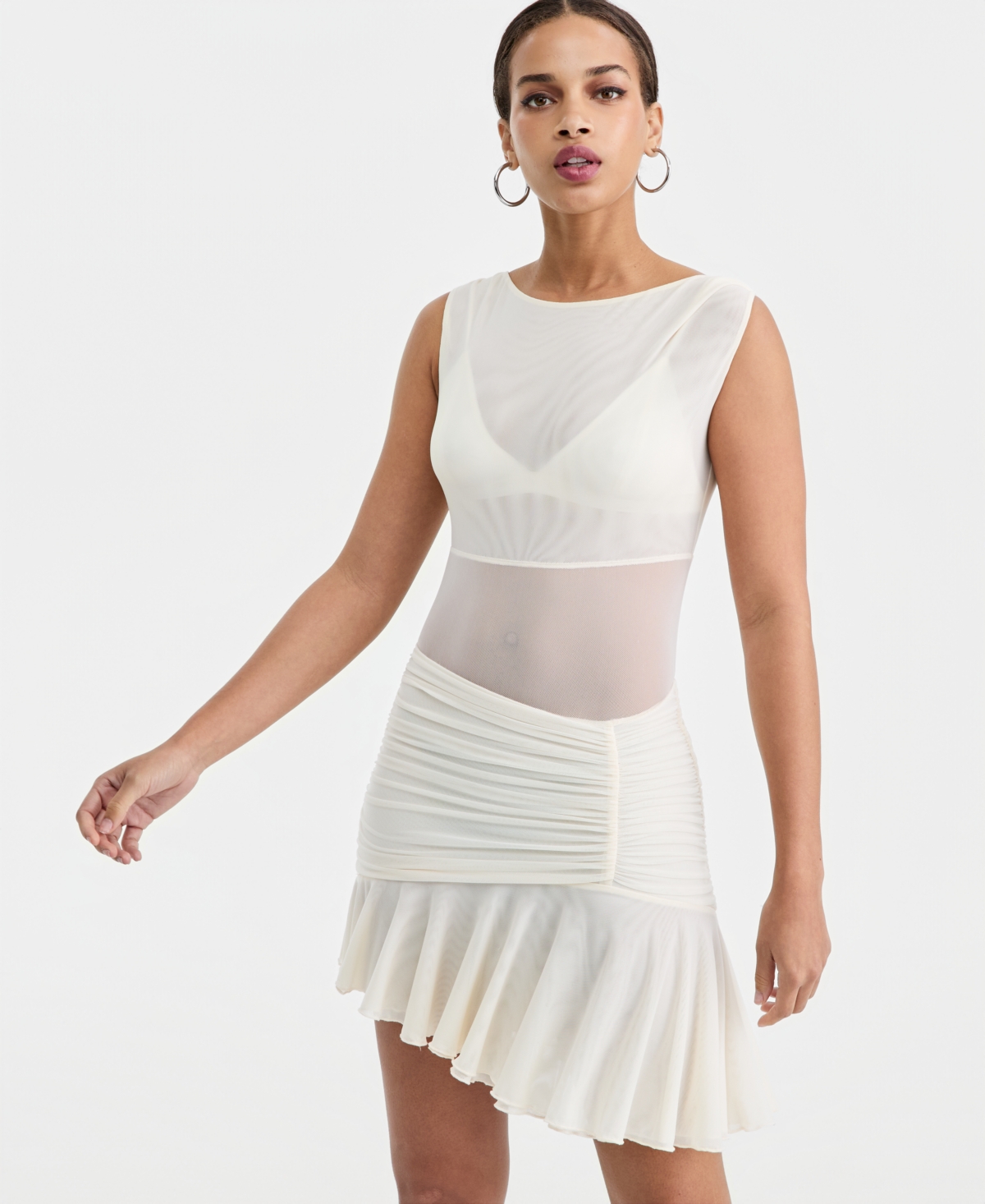Bar Iii Women's Asymmetric Mesh Mini Dress, Macy's Exclusive In White