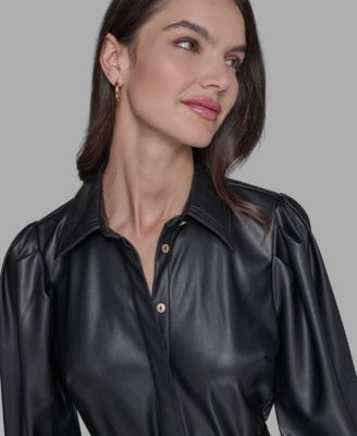 Women's Faux Leather Belted Shirt Dress
