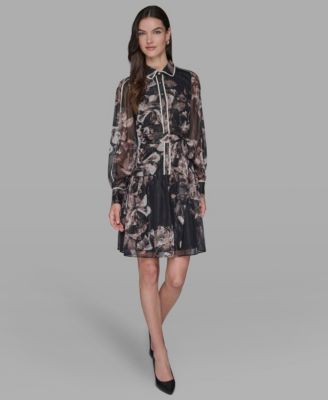 Women's Printed Crinkle Chiffon Collared Shirt Dress
