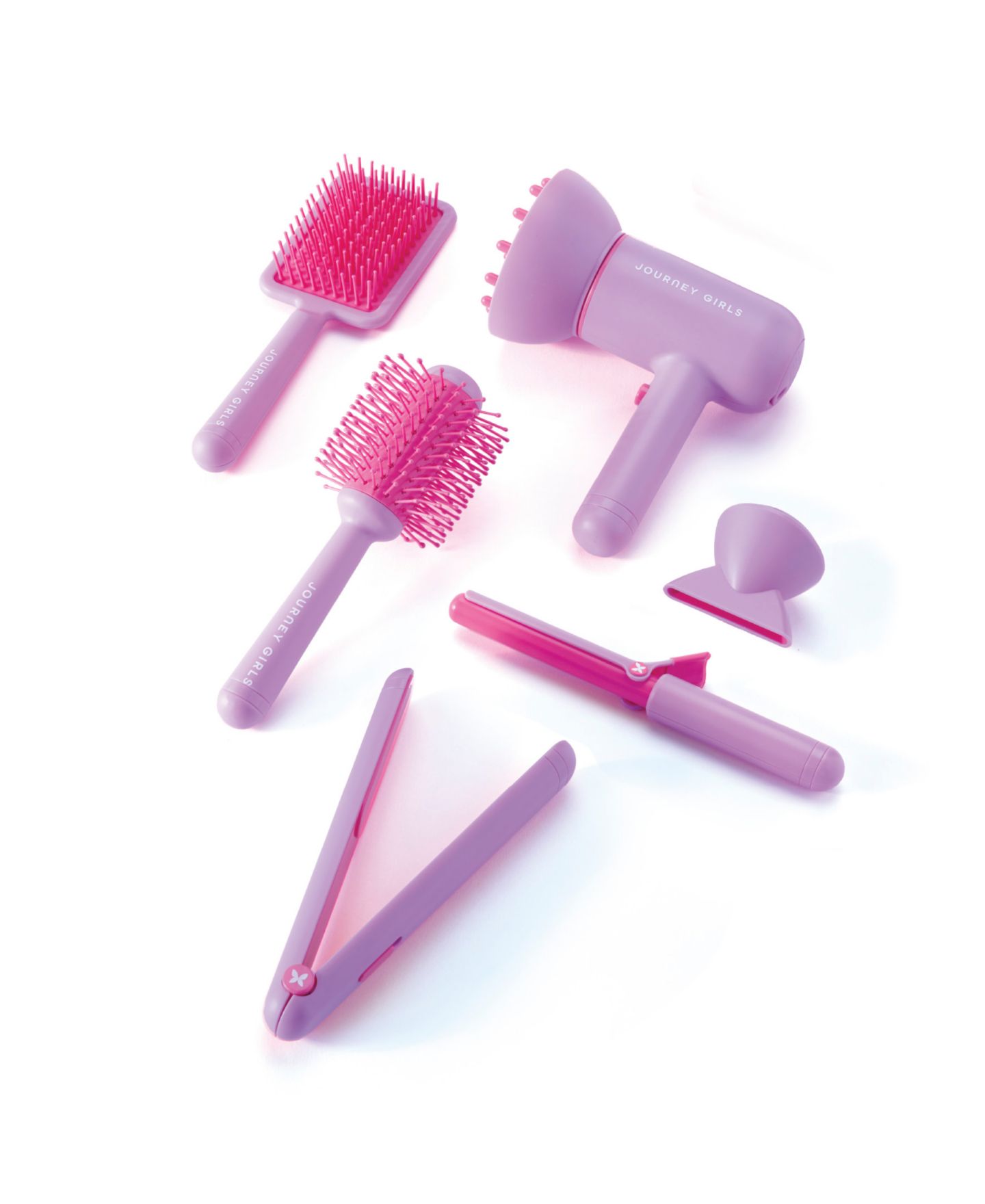 Детский игровой набор Journey Girls Glam Studio Light-Up Hair Dryer 7-Piece Playset, Ages 3+, цвет: Розовый / Фиолетовый — фото 1