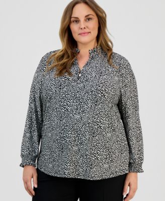 AK Anne Klein - Plus Size Ruffled-Neck Smocked-Cuff Top