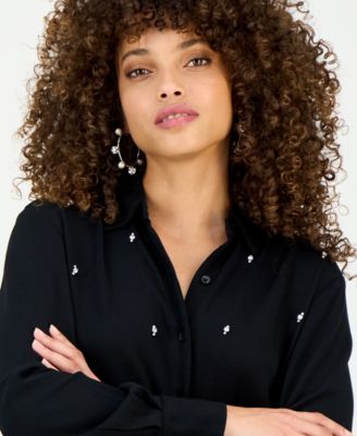 Petite Long-Sleeve Embellished Button-Front Blouse, Macy's Exclusive