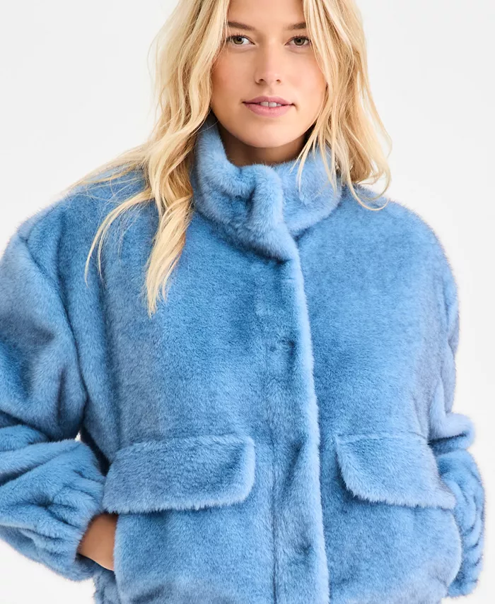 Women's Woven Solid Faux-Fur Bomber Jacket - thumbnail 3